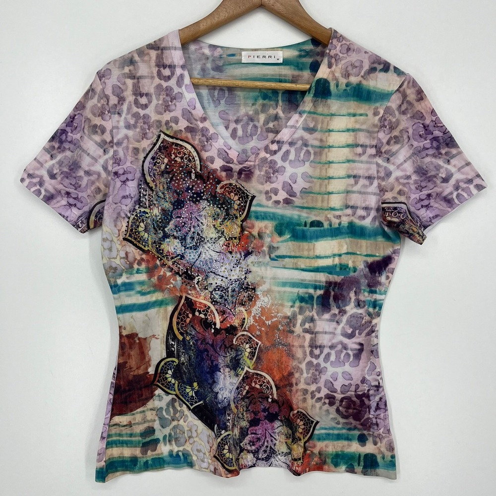 Pierri Womens V-Neck Short Sleeve Animal Print Rhinestone Embellished Top Size M